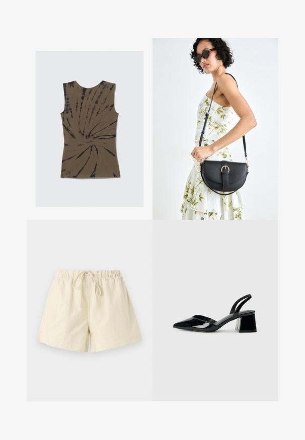Top castanho sem mangas com um padrão de tie-dye apresentando espirais pretas. Feito de um tecido suave, tem um decote redondo e forma ajustada.; Bermudas bege com cintura elástica e cordão, apresentando um ajuste descontraído e uma textura suave. Sem bolsos visíveis ou padrões.; Sandy em verniz preto com salto slingback, ponta afilada e salto geométrico. Apresenta um design elegante e minimalista com textura suave.; Bolsa de couro preta com forma curva, alça destacável e detalhes em dourado. A bolsa possui uma aba com detalhe de fivela.