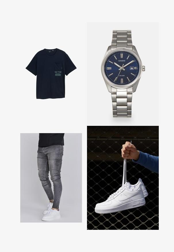 Marineblaues T-Shirt mit kurzen Ärmeln aus weicher Baumwolle, featuring eine Tasche auf der linken Brustseite und Textdruck auf der Vorderseite.; Schlanke Jeans aus ausgebleichtem grauem Denim, mit abgenutzten Details an den Knien, kombiniert mit weißen Sneakers. Glatte Textur, schlanker Schnitt.; Weiße Leder-Sneaker mit Perforationen, runder Zehenpartie, flacher Sohle und dicken Schnürsenkeln, mit sichtbar eingesticktem Swoosh-Logo und "AIR" an der Ferse.; Silberner Armbanduhr aus Edelstahl mit einem dunkelblauen Zifferblatt, metallischen Stundenmarkierungen und einem Datumsfenster bei 3 Uhr. Wasserdicht bis 50 Meter.
