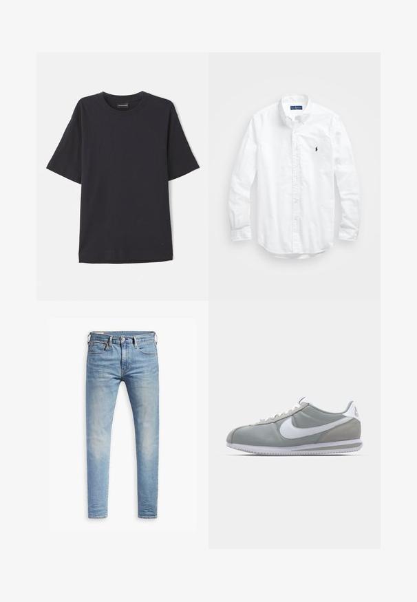 Tamsiai mėlyna, raukšlėta trumpomis rankovėmis marškinėliai su apvalia iškirpte, su subtiliu logotipu apatiniame dešiniajame kampe. Minkšta tekstūra, laisvas kirpimas.; Balta ilga rankovė mygtukų marškiniai iš medvilnės. Pasižymi klasikinėmis apykaklėmis, mygtukų rankogaliais ir mažuoju tamsiai mėlynu siuviniu su logotipu ant krūtinės.; Šviesiai mėlyni aptempti džinsai su lengvu nudėvėjimu šlaunyse, priekyje užsegami mygtuku, su diržo kilpelėmis ir penkių kišenių stiliumi ant baltos fono.; Pilkas sportinis batelis su zomšiniais ir tekstiliniais viršutiniais paviršiais, baltas Nike swoosh ženklas ir baltos raišteliai. Yra tekstūruotas gumos padas ir paminkštinta apykaklė.