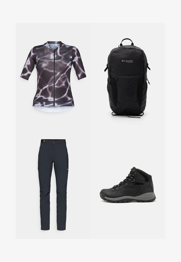 Trumpas rankovėmis dviratininkų marškinėliai su užtrauktuku, juodos ir pilkos vandens rašto dizainu. Pagaminti iš elastingos, lengvos medžiagos.; Vyrų lauko kelnės, tamsiai pilkos, pagamintos iš elastingos medžiagos, su diržu, užtrauktukais užtraukiamomis kišenėmis ir sustiprinta siūle.; Juodas žygio botas su vidutinio aukščio dizainu, pasižymintis tekstūruota viršutine dalimi, pilkų akcentų ir patvaria guma padanga su sukibimo gumbais.; Juodas Columbia Titanium kuprinė su lygaus audinio tekstūra, šoninėmis kišenėmis, viršutine rankena ir reguliuojamomis petnešomis. Minimalistinis dizainas su subtiliu logotipu.