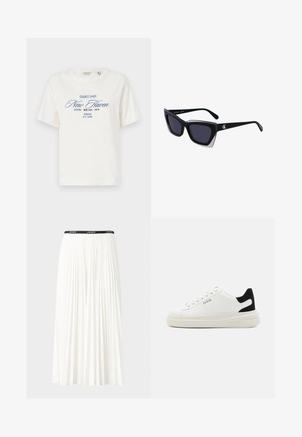 Hvid bomulds T-shirt med rund hals og korte ærmer. Har blå broderet tekst: "GANT 1949 New Haven Sailing Crew 06516 CT. USA."; Plisseret hvid nederdel med en sort elastisk talje, der har "LACOSTE"-logoet. Mellemlang design med blød tekstur.; Hvide lædersneakers med en tyk hvid sål, sort ruskindhælvægt og prægede logoer på siden. Snørebåndsdesign med seks øjer.; Store sorte oversized solbriller med geometrisk form, med mørke linser og en kontrasterende grå detalje på stellet. Logo på armen.