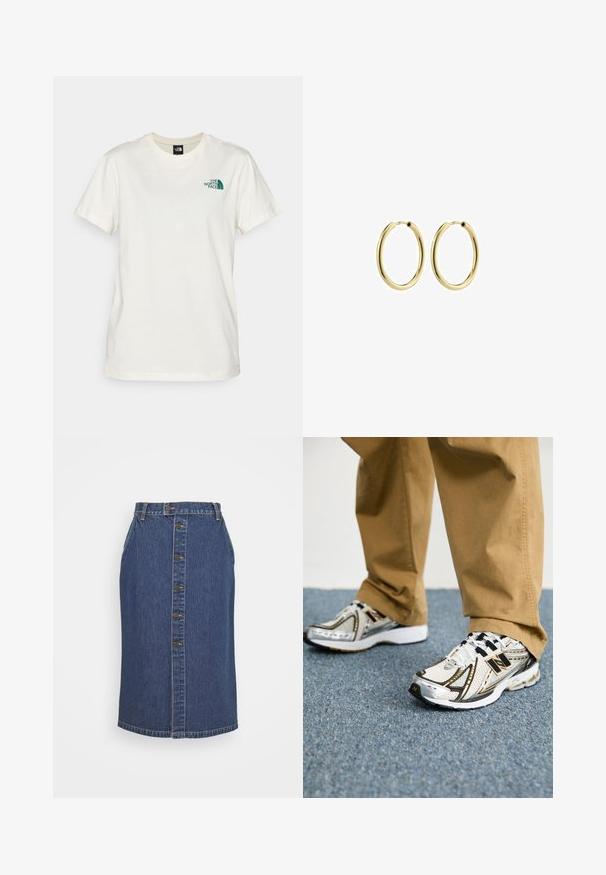 The North Face BOX RELAXED TEE - Camiseta estampada - white dune/evergreen; Falda lápiz de mezclilla en azul oscuro, con cierre de botones en la parte delantera, detalles de costura vertical y un dobladillo clásico.; Zapatillas New Balance en blanco y plata con detalles y cordones en negro, que presentan una parte superior de malla, suela acolchada y un diseño dinámico.; Pendientes de aro de metal dorado con un acabado suave, forma circular y cierre seguro. Superficie pulida sin patrones o acentos visibles.