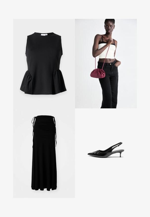 Top preto sem mangas com decote redondo e detalhe de peplum em efeito pregueado nas laterais, feito de um tecido liso e elástico. Design simples e limpo.; Vestido preto até os tornozelos, feito de um tecido macio e elástico, com corpete franzido e laços ajustáveis nas laterais, criando uma silhueta fluida.; Sapatos de salto alto slingback em couro preto com bico fino, pequeno salto kitten e um detalhe decorativo em forma de nó na parte da frente. Textura suave em toda a parte.; Bolsa de tecido suave em borgonha com um design franzido e uma alça longa, usada à transversal. Modelo veste um top cropped branco e jeans pretos.