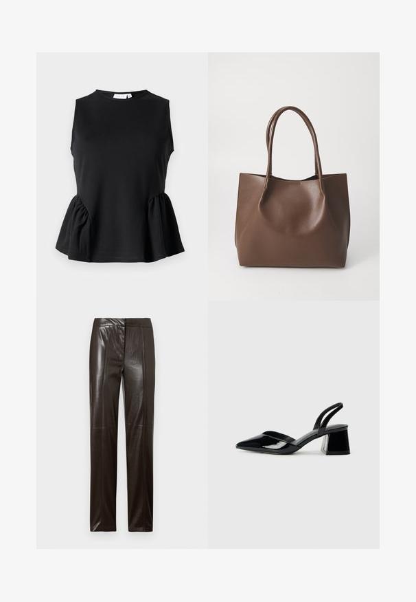Črna brezrokavna bluza z okroglo ovratnico in zbrano peplum stranjo, izdelana iz gladkega, raztegljivega materiala. Preprost, čist dizajn.; Temno rjave usnjene hlače ravnega kroja z gladko površino in subtilnimi šivi spredaj.; Črne lakirane slingback pete s koničastim nosom in geometrijsko blokasto peto. Imajo eleganten, minimalističen dizajn in gladko teksturo.; Rjava usnjena torba z dvema dolgima ročajema, strukturirane oblike, gladke teksture in minimalisticnega dizajna. Ni vidne strojne opreme ali dodatkov.