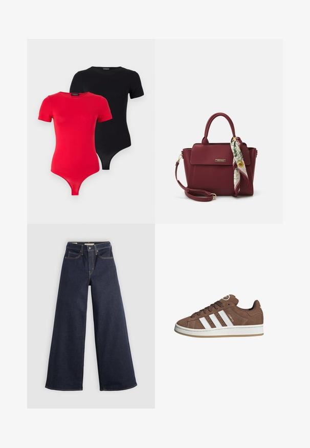 Even&Odd 2 PACK czarny; Szerokie jeansy z denimu w ciemnoniebieskim kolorze z kontrastowymi przeszyciami. Charakteryzują się tradycyjnym pięciopocketowym fasonem oraz zapięciem na guzik w pasie.; Brązowe zamszowe sneakersy z białymi skórzanymi paskami, gumową podeszwą, zaokrąglonym noskiem i sznurowanym przodem. Posiadają logo na języku i perforowane akcenty.; Burgundowa torebka wykonana z materiału syntetycznego, o strukturalnym designie, z odpinanym paskiem i chustą w kwiatowy wzór związaną na uchwycie.