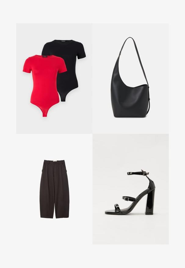 Even&Odd 2 PACK - Základné tričko - black/red; Čierne široké nohavice vyrobené z hladkej tkaniny, s vysokým pásom, prednými skladmi a bočnými vreckami. Jednoduchý dizajn bez ozdôb.; Čierne lakované sandále na podpätku so štvorcovou špičkou, navlečenými remienkami okolo členku a striebornými prackami. Disponujú masívnym blokovým podpätkom pre stabilitu.; Čierna kožená hobo taška so hladkou textúrou, zakriveným tvarom a jedným nastaviteľným popruhom; má široké otvorenie na vrchu.