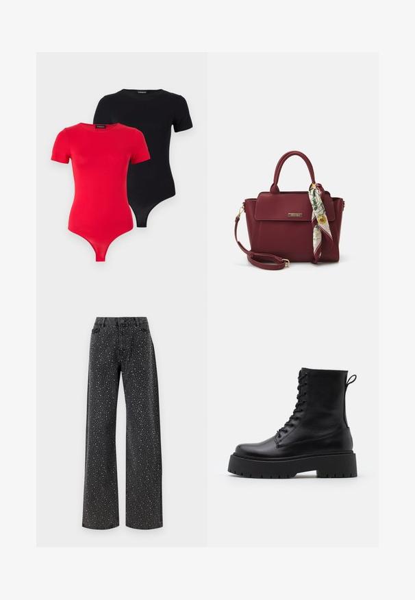 Even&Odd 2 PACK - Tricou basic - black/red; Noisy May NMJANNEL LOOSE - Blugi loose fit - black denim; Botine din piele neagră, până la gleznă, cu vârful rotund, șireturi în față și o talpă groasă din cauciuc cu un model texturat. Fâșie de tragere la spate.; Geantă bordeaux din material sintetic, cu un design structurat, având un breteau detașabil și o eșarfă cu un model floral legată de mânere.
