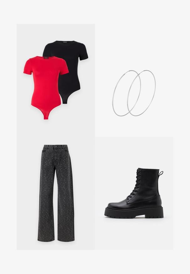Even&Odd 2 PACK - T-shirts basic - black/red; Noisy May NMJANNEL LOOSE - Jeans Relaxed Fit - black denim; Sorte læder ankelstøvler med rund tå, snørebånd foran og en tyk gummisål med struktureret slidbane. Hæfteløkke bagpå.; Sølvøreringe med et minimalistisk design. Cirkulær form, glat tekstur og tynd profil. Letvægtige med en poleret overflade.