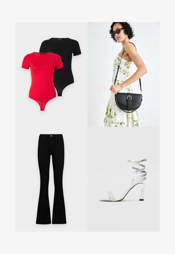 Even&Odd 2 PACK - Basic póló - black/red; Fekete, magas derekú farmernadrág gomb- és cipzárzárral, elülső zsebekkel és harangszárral, laposan egy fehér háttérre terítve.; Ezüst színű, magas sarkú szandál, csillogó pánt dizájnnal, gyöngyszerű díszítéssel és spirális bokapánttal a biztos illeszkedés érdekében.; Fekete bőrtáska ívelt formával, levehető pánttal és arany színű fémrészekkel. A táskán egy csattal díszített fedél található.