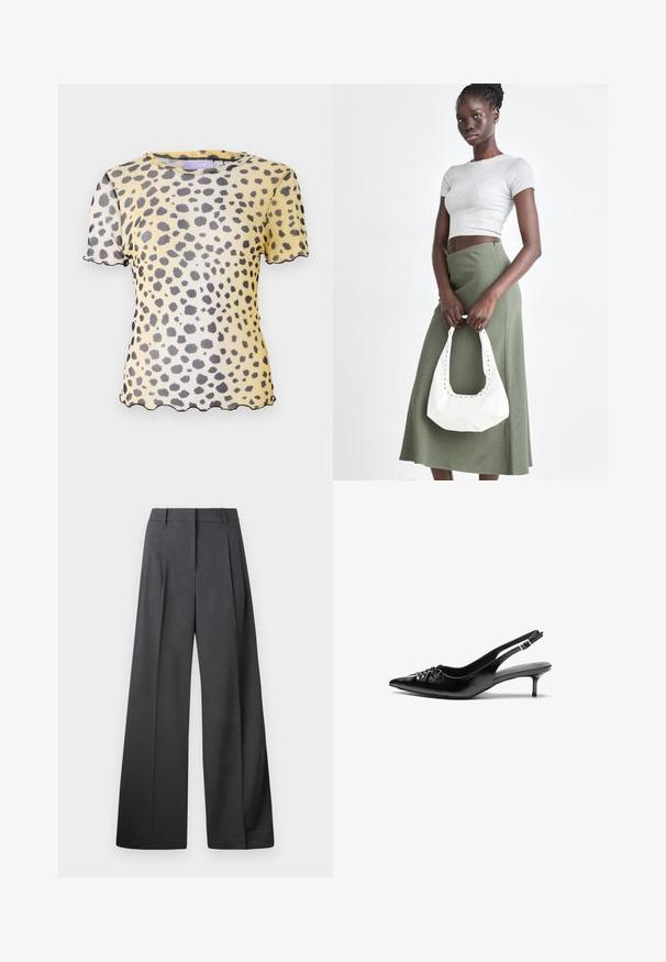 Krátky rukáv, žltá blúzka s čiernym leopardím vzorom, priesvitným materiálom a vlnitými okrajmi na rukávoch a leme.; Nohavice s širokými nohavicami z tmavošedej látky, s vysokým pásom, jedinými záhybmi a hladkou textúrou s čistým zakončením na lemoch.; Čierne kožené slingback podpätky s ostrou špičkou, malým podpatkom a dekoratívnym uzlom vpredu. Hladký povrch po celom obvode.; Sivý pruhovaný crop top a olivovo zelená sukňa s vysokým pásom. Model drží bielu ramennú tašku s vyrezávanými detailmi. Jednoduchý dizajn, priliehavý strih.