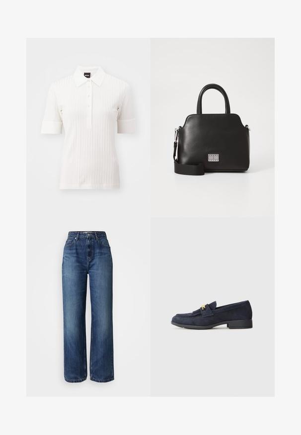 Fehér, bordázott pólóing rövid ujjal, gombos elülső résszel és hegyes gallérral. Puha tapintása és diszkrét dizájn kiemelés jellemzi.; Széles szárú kék farmernadrág magas derékkal, klasszikus öt zsebes stílussal és enyhe kopással. Cipzárral és gombos záródással készült.; Tengeri kékszínű suede loaferek alacsony fekete sarkú, elől dekoratív aranyszínű részlettel és lekerekített orrformával.; Fekete szintetikus kézitáska, felső fogantyúkkal, levehető vállpánttal, kerek formával, sima textúrával és ezüst logóval az elején.