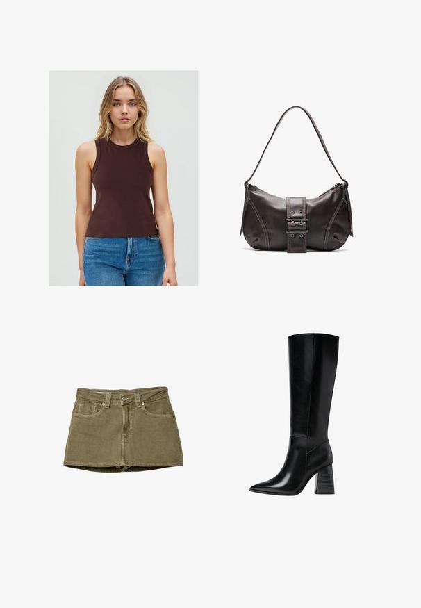 Top senza maniche marrone realizzato in tessuto morbido con scollatura rotonda, abbinato a jeans in denim blu a vita alta.; Gonna mini in denim verde oliva con tasche frontali, taglio dritto e chiusura a bottone. Texture morbida con dettagli di cucitura visibili.; Stivali neri in pelle al ginocchio con punta affilata, texture liscia e tacco robusto scalanato per stabilità. Design elegante con accentuazioni minime.; Borsa a spalla in pelle marrone con una forma curvata, caratterizzata da un evidente dettaglio a fibbia, cuciture a contrasto e una sola tracolla.