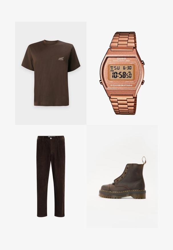 Brun bomull t-skjorte med rund hals, korte ermer, og en liten hvit logo trykket på venstre side. Glatt tekstur, standard passform.; Redefined Rebel JOHN COMFORT FIT - Bukse - demitasse; Brune lær ankle støvler med rund tå, kontrasterende gul sting, dekorative metal øsinger og en ribbet gummisål.; Digital Casio klokke med en roségull metallrem, rektangulært hus, belyst skjerm og vannmotstand, som viser tid og dato.