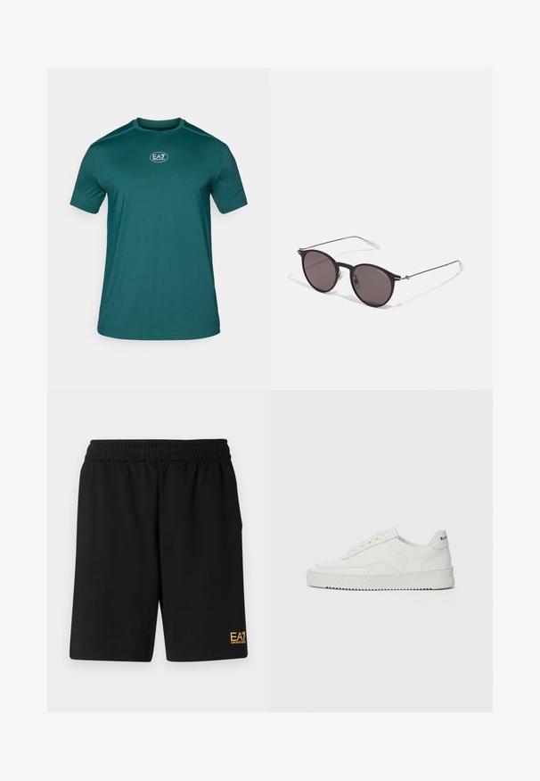 Tamsiai žalio mėlynumo sportinė marškinėliai trumpomis rankovėmis, su apvalia iškirpte ir mažu EA7 logotipu priekyje. Lygus audinys su šiek tiek tekstūros.; Juoda sportinė šortai, pagaminti iš minkštos medžiagos, su elastingu diržu ir maža geltona EA7 logo apatinėje kairėje kojoje.; Balti odiniai sportiniai bateliai su lygia apdaila, apvaliu pirštu, plokščiais raišteliais ir tekstūruotu padu. Pasižymi subtiliu logotipu ant kulno.; Juodos apvalios saulės akinių su tamsiais lęšiais ir plonomis metalinėmis šakomis. Įtraukti skaidrūs šventyklų galai ir sidabriniai akcentai vyrio srityje. Minimalistinis dizainas.