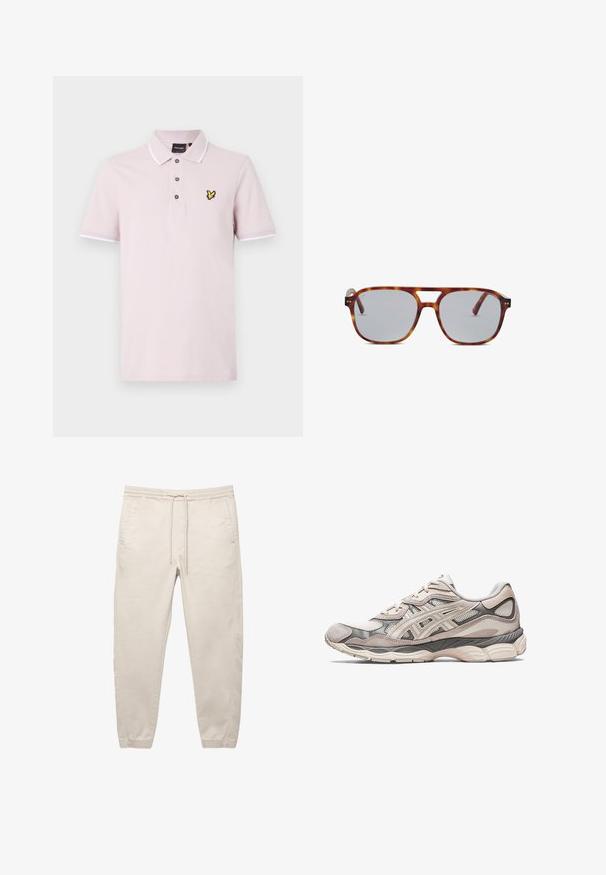 Koszulka polo w jasnoróżowym kolorze wykonana z bawełny, z zapięciem na trzy guziki, białymi akcentami na kołnierzyku i rękawach oraz żółtym logiem motyla na piersi.; Beżowe bawełniane spodnie z elastycznym paskiem, sznurkiem, bocznymi kieszeniami i zwężanymi nogawkami. Gładka faktura i minimalistyczny design.; Jasnoszary but sportowy z siateczkowym i zamszowym wierzchem. Posiada wyściełaną podeszwę, wyraźne nakładki oraz ustrukturyzowany design.; Okulary przeciwsłoneczne w cytrynowym kolorze z szarymi szkłami, o kanciastym kształcie i charakterystycznym wycięciu w nosku. Posiadają subtelne metalowe akcenty na oprawce.