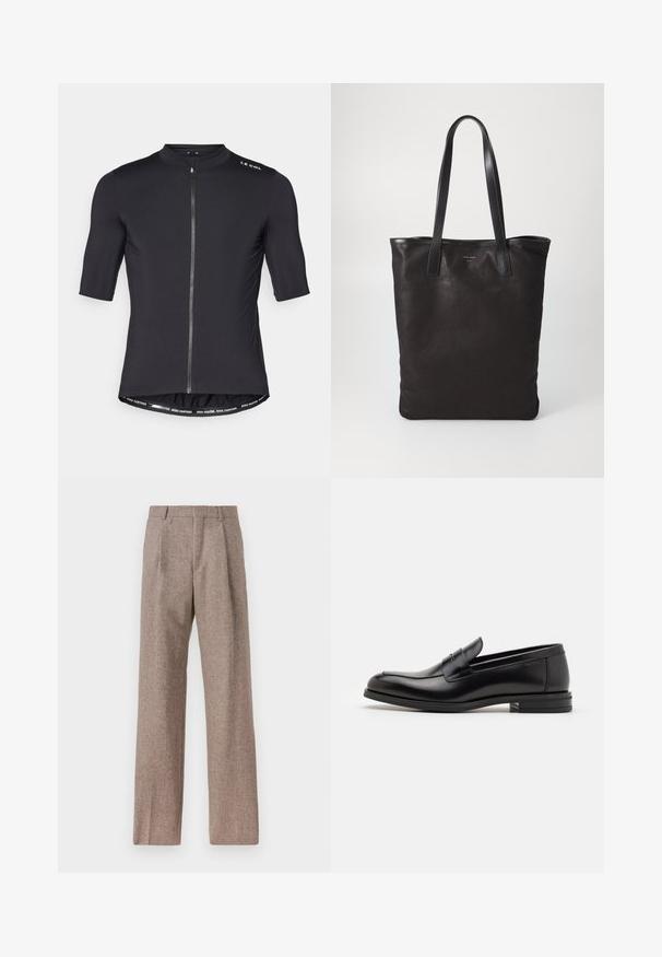 Fekete, rövid ujjú kerékpáros mez magas gallérral, elülső cipzárral és kontrasztos derékpánt részletekkel, amelyekre az van írva: "TÖBBET TEKERJ. TÁVOLABB TEKERJ."; Világoskék, hosszú ujjú ing, hegyes gallérral, fekete gombokkal, és egyedi kivágással elöl, amely különleges dizájnt kölcsönöz.; Barna, magas derekú nadrág texturált anyagból. Széles szárai és két elülső redője biztosítja a struktúrát. Ízléses kivitel, látható fémszerelés nélkül.; Fekete bőr loaferek sima textúrával, kerek orral és dekoratív pánttal a vampnál. Alacsony, rétegelt sarkú, minimalista dizájn.; Fekete vászontáska fekete bőr füllel. Egyszerű dizájn, tágas test és sima textúra. Nincsenek látható logók vagy minták.