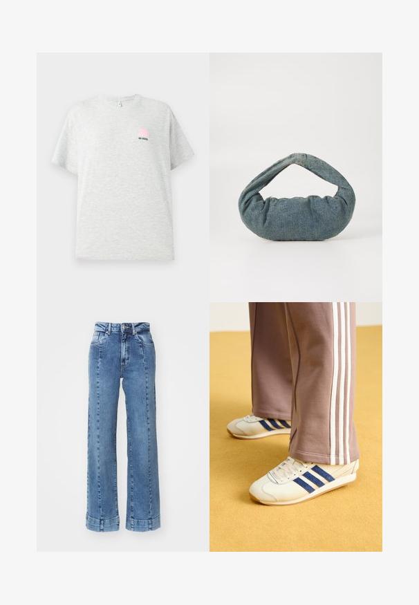 Világosszürke, rövid ujjú pamut póló, amelyen egy kis rózsaszín vödörsapka grafika és fekete hímzett "BE GOOD" felirat található.; Világoskék farmer széles lábú nadrág magas derékkal, elülső zsebekkel és varrott részletekkel. Az alja fel van hajtva és meg van varrva.; Krém színű sneakers, kék velúr csíkokkal, fehér fűzővel és gumitalppal. Szürke melegítőnadrággal párosítva, fehér oldalsó csíkokkal.; Kék farmerből készült táska párnázott, lekerekített formával és ívelt fogantyúval. A textúra puha, látható varrásokkal és sima felülettel rendelkezik.