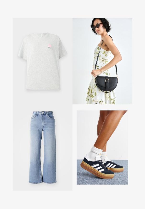 Tricou scurt din bumbac de culoare gri deschis, cu un grafic mic de pălărie roz și textul "BE GOOD" brodat în negru.; Jeans wide-leg de culoare albastru deschis cu talie înaltă, dotate cu buzunare frontale și spate, închidere cu buton și decolorare subtilă pe coapse și margini.; Adidași negri din piele întoarsă cu dungi și accente albe, vârf rotund, talpă de cauciuc gumă, asortați cu șosete albe cu model nervurat.; Geantă din piele neagră, cu o formă curbată, curea detașabilă și accesorii aurii. Geanta are un capac cu un detaliu tip cataramă.