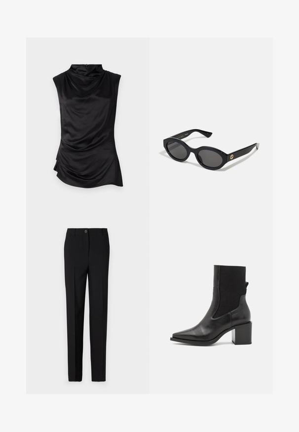 Μαύρο αμάνικο τοπ φτιαγμένο από λείο ύφασμα, με πουκαμισάκι σε στυλ drape, ασύμμετρο μήκος και διακριτή ρυτίδωση στο πλάι.; Μαύρο κομμένο παντελόνι με ευθεία γραμμή, που διαθέτει κούμπωμα με κουμπί και θηλιές για ζώνη, κατασκευασμένο από λεία ύλη.; Μαύρο μποτάκι μέχρι τον αστράγαλο με μυτερή μύτη, φτιαγμένο από λεία δερμάτινη και ελαστική ύφασμα. Διαθέτει τετράγωνη τακούνι και μινιμαλιστική σχεδίαση.; Μαύρα οβάλ γυαλιά ηλίου με σκούρους φακούς και γυαλιστερό πλαστικό σκελετό. Διαθέτουν χρυσό λογότυπο στο βραχίονα, προσφέροντας ένα κομψό και μοντέρνο σχέδιο.; Μπλε τσάντα με μοτίβο, κατασκευασμένη από ύφασμα, με καμπυλωτό σχήμα, μαύρη δερμάτινη λουρί και σχέδιο λογότυπου σε ελαφρύτερη απόχρωση.