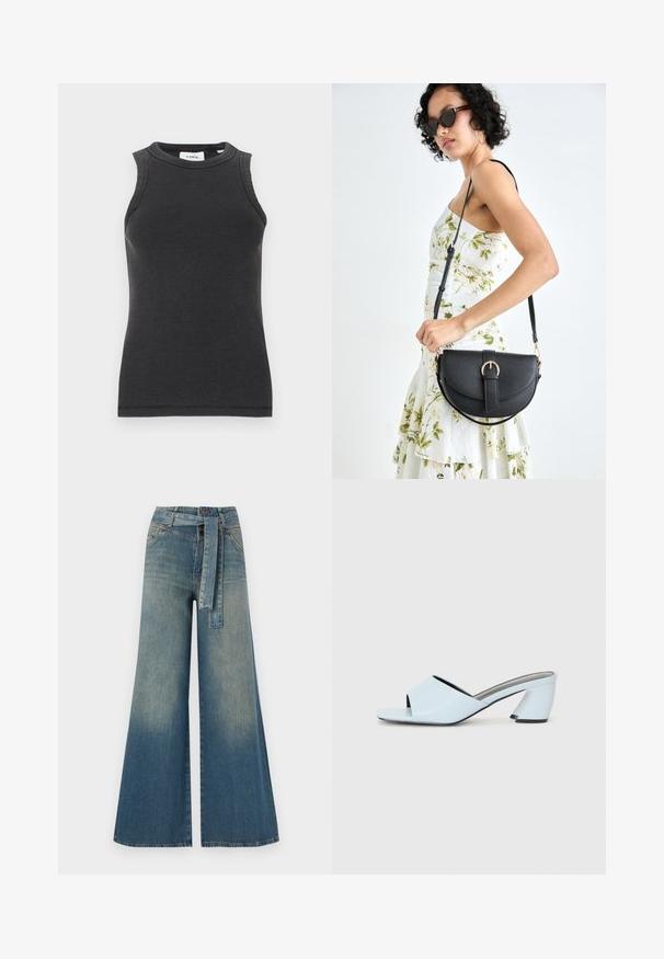 Musta ribbineulottu toppi, jossa on vartalonmyötäinen leikkaus, korkeahko kaula-aukko ja hihaton malli. Valmistettu teksturoidusta kankaasta, yksinkertaisella ja siistillä helmalla.; Yksiväriset farkut leveällä lahkeella, joissa on vaaleasta tummansiniseen häipyvä väri, korkea vyötärö, vyölenkit ja yhteensopiva kangasvyö. Rakennefarkkujen pinta.; Vaaleansiniset avointoimiset koroketossut, joissa on geometrista muotoilua, leveä remmi jalan yli ja paksu, kulmikas korko.; Musta nahkainen käsilaukku, joka on kaareva muotoilultaan, irrotettavalla hihnalla ja kultaisilla yksityiskohdilla. Laukussa on läppä, jossa on solk yksityiskohta.