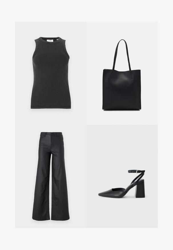 Zwarte geribbelde tanktop met een aansluitend ontwerp, hoge halslijn en mouwloze snit. Gemaakt van een gestructureerde stof met een eenvoudige, strakke zoom.; Zwarte, wijde broek van faux leer. Kenmerken zijn een hoge taille, riemlussen, twee voorkzakken en gestikte details.; Zwarte leren puntige pump met een enkelbandje en een chunky hak. Vlakke textuur, strakke vormgeving en minimalistische esthetiek.; Zwarte leren handtas met een gladde textuur, rechthoekige vorm en twee lange handvaten. Geen zichtbare hardware of versieringen.