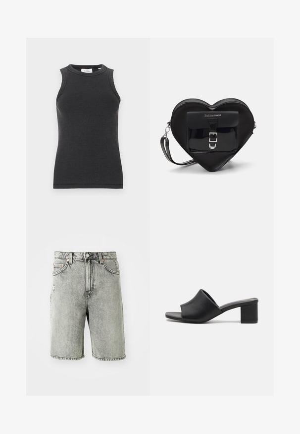 Black ribbed tank top with a fitted design, high neckline, and sleeveless cut. Made from a textured fabric, featuring a simple, clean hem.; Gray denim shorts featuring a classic five-pocket design, a faded finish, and stitched detailing at the hem and waistband.; Black leather block-heeled mules with an open toe, featuring a smooth surface and slightly curved upper for comfort and style.; Black heart-shaped bag made of patent leather with a front pocket featuring a buckle closure and a detachable strap. Silver hardware accents.