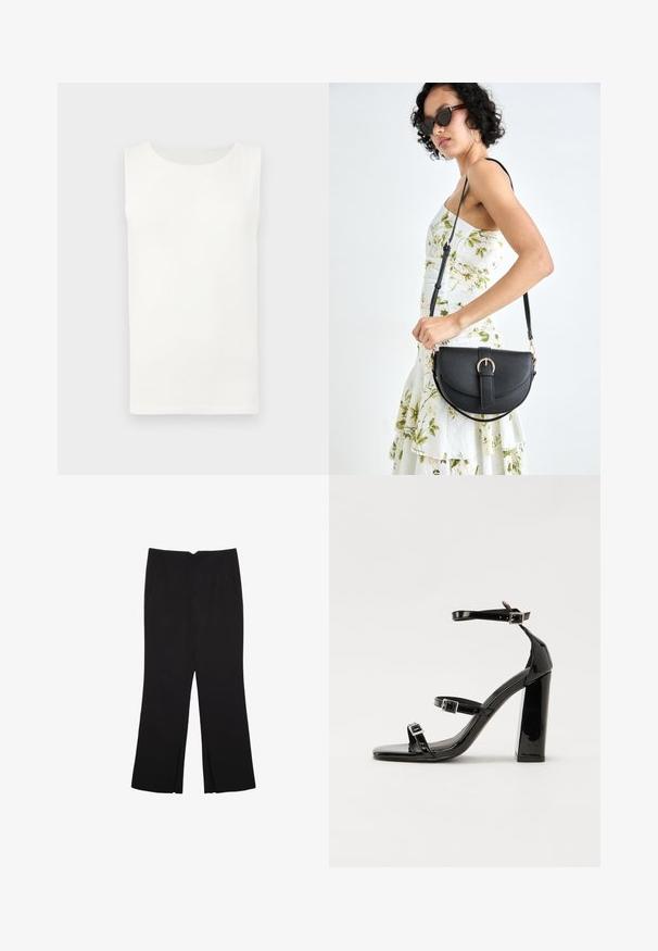 Sleeveless white crew-neck top with a straight hem, displayed flat against a light gray background.; Black trousers with a straight fit, featuring front pockets and side slits at the hem. Made of soft, smooth fabric. Suitable for various occasions.; Black patent heeled sandals with a square toe, ankle straps, and silver buckles. Features a chunky block heel for stability.; Black leather handbag with a curved shape, detachable strap, and gold hardware. The bag features a flap with a buckle detail.
