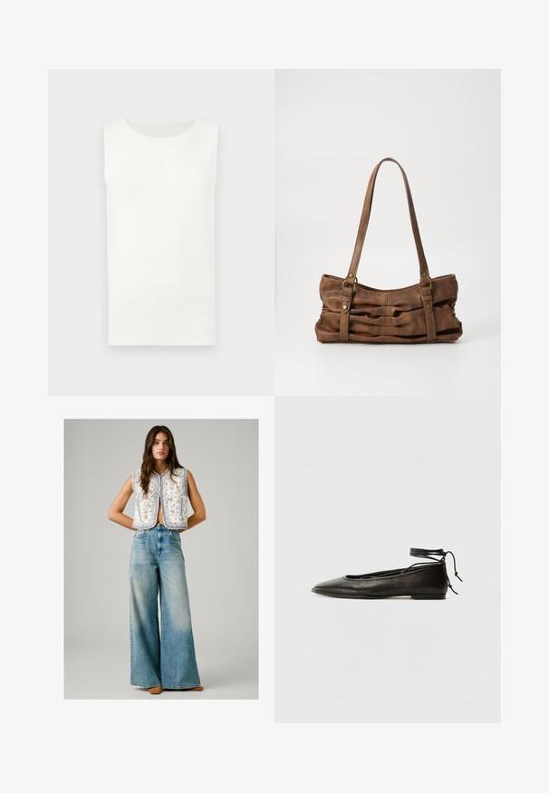 Sleeveless white crew-neck top with a straight hem, displayed flat against a light gray background.; Woman wearing sleeveless white floral patterned vest paired with high-waisted wide-leg faded blue jeans and brown shoes, standing with hands behind back.; Black leather ballet flats with a pointed toe, ankle tie, and flat sole, featuring a smooth texture and minimalistic design.; Even&Odd Handbag - brown