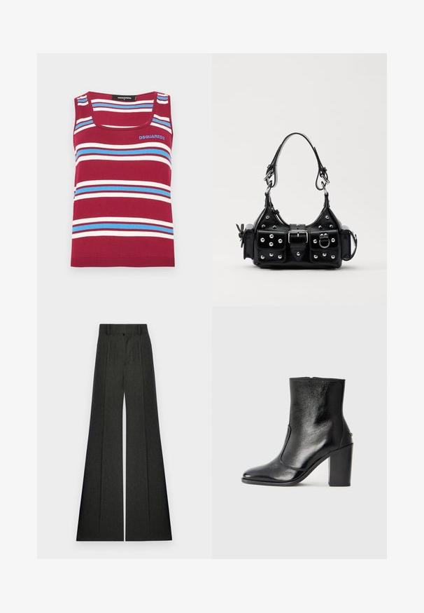 Punaste triipudega top, siniste ja valgete horisontaalsete triipudega. Omab ruudukujulist dekolteed ja soonikserva. Vasakul ülemisel küljel nähtav logo.; Tumedas hallid laia säärega püksid triibulise mustriga. Viimistletud disain kõrge vöökohaga ja traditsioonilise eesmise kinnitusega.; Must kõvale nahast pahklipsu saapad, millel on sile tekstuur, terav varvas ja paks kõrge kann. Omab külgavatust ja minimalistlikku disaini.; Must värvi nahast käekott, millel on kaarjas disain, hõbedased nupukesed, kinnitusahe ja kaks külgtaskut. Reguleeritav rihm erinevate kandmisvõimaluste jaoks.