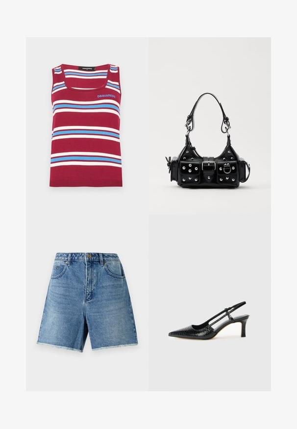 Red striped tank top with blue and white horizontal lines. Features a square neckline and ribbed hem. Logo visible on the upper left.; Denim shorts in light blue, featuring a high waist, button closure, front pockets, and frayed hemline for a relaxed fit.; Black patent slingback heel with a pointed toe, featuring textured snake print, adjustable strap, and a short, textured block heel.; Black leather handbag with a curved design, featuring silver studs, a buckle, and two side pockets. Adjustable strap for carrying options.