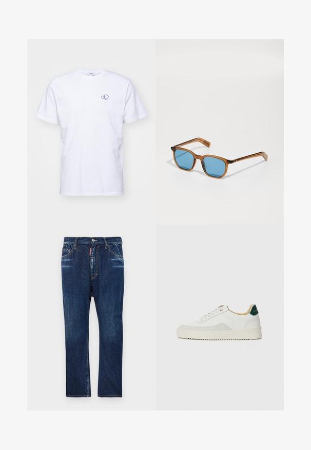Bílý bavlněný tričko s modrou vyšívanou grafikou na levém prsu. Krátké rukávy a kulatý výstřih s klasickým střihem.; Tmavě modré džíny s rovnými nohavicemi, které mají světlé vyblednutí, žluté prošívání, přední kapsy a zapínání na knoflík.; Bílé tenisky se semišovými prvky, kulatou špičkou, plochými tkaničkami a krémovou gumovou podrážkou. Na patě mají zelené logo.; Hnědé sluneční brýle s plastovým rámem a modrými skly, čtvercového tvaru, tenké nožičky, texturované detaily na spáncích a lesklý povrch.