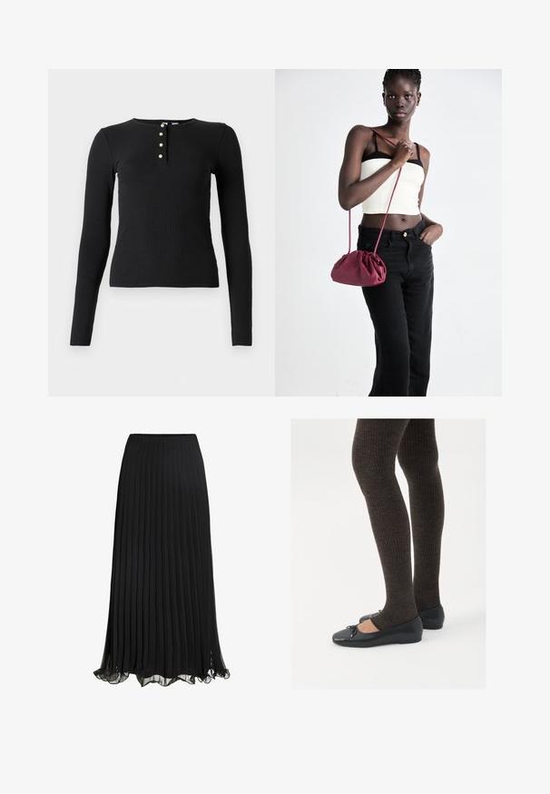 Czarny, długi rękaw, ribbed top z okrągłym dekoltem i pięcioma guzikami z jasnymi, małymi guzikami. Miękka struktura, dopasowany krój.; Czarna plisowana spódnica maxi wykonana z lekkiego materiału o zwiewnym fasonie. Posiada falbaniasty dół i elastyczny pas dla komfortu.; Czarne płaskie buty z małym kokardkowym detalem na palcach, zestawione z ciemnobrązowymi rajstopami w prążki. Buty mają gładką teksturę i niski profil.; Burgundowa torba na ramię z miękkiego materiału, z marszczonym wzorem i długim paskiem, noszona na krzyż. Modelka nosi białą bluzkę crop top i czarne dżinsy.