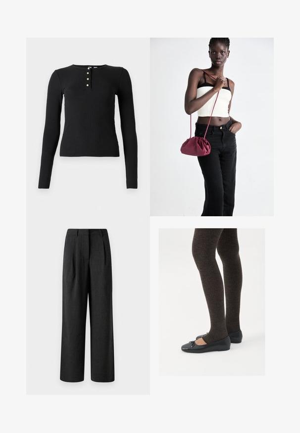 Melns, garām piedurknēm, ribots tops ar apaļu kakla izgriezumu un piecu pogu plati ar mazām, gaišām pogām. Mīksta tekstūra, pieguļoša dizaina.; Melnas platās bikses, izgatavotas no teksturēta auduma, ar priekšējām krokām un pielāgotu jostasvietu, paredzētas brīvai piegriezuma formai.; Melnas plakano formas kurpes ar mazu loku uz pirksta, apvienotas ar tumši brūnām ribotām zeķubiksēm. Kurpēm ir gluda tekstūra un zems profils.; Burgundijas mīkstas auduma soma ar sakoptu dizainu un garu siksnu, nēsāta uz krūšu. Modelis valkā baltu piegriezuma topu un melnas džinsus.