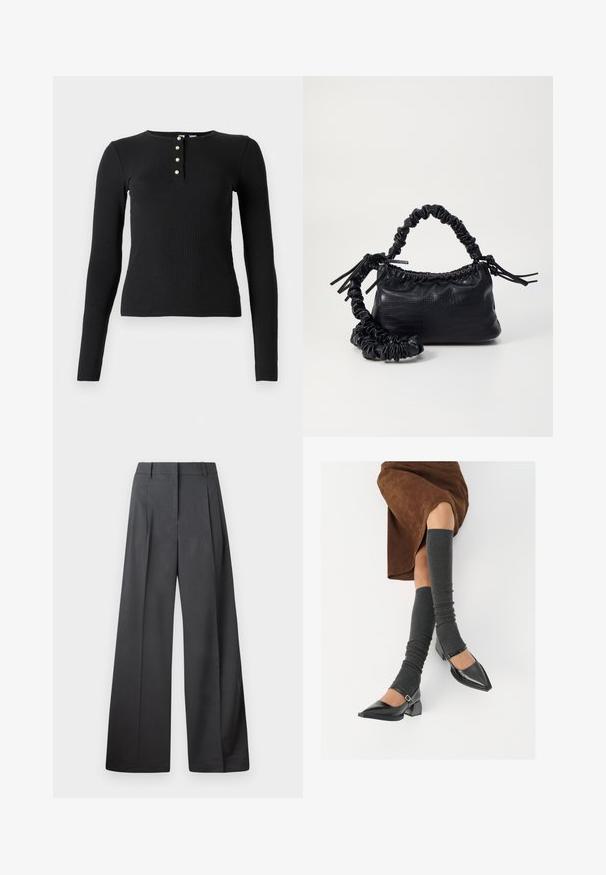 Črn dolgi rokav ribana majica z okroglo ovratnikom in petimi gumbi, ki so svetle barve. Mehka tekstura, prilegajoč se dizajn.; Široke hlače iz temno sive tkanine, z visokim pasom, enim pregibom ter gladko teksturo z čisto obrobo na robovih.; Črne lakirane čevlje s pointy prsti in blok peto ter z naramnicami za gleženj, ki jih kombiniramo s sivimi rebrastimi nogavicami in rjavim suknjičem iz usnja.; Črna torbica iz umetnega usnja s krokodilovo teksturo, z zvitim vrhom in zmečkano naramico. Zdi se mehka in kompaktna v oblikovanju.