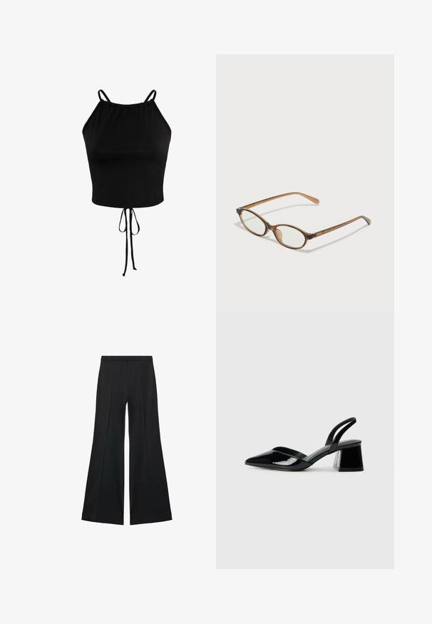 Top corto nero realizzato in tessuto morbido, con spalline regolabili e orlo arricciato con coulisse per una vestibilità personalizzabile.; Pantaloni neri a gamba larga con una texture liscia, caratterizzati da pieghe frontali e un design sartoriale. Il tessuto è leggero e fluido.; Décolleté in vernice nera con punta affusolata e tacco in geometria cubica. Presentano un design elegante e minimalista, con una texture liscia.; Occhiali tortoiseshell marroni con lenti ovali, aste sottili e dettagli trasparenti. Presentano un logo sottile sulla tempia. Design elegante e leggero.