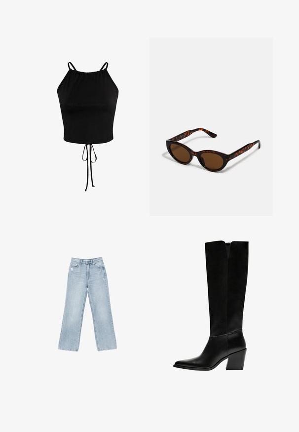 Črni kratki top iz mehkega blaga, ki ima nastavljive naramnice in cinčano obrobo z vrvico za prilagodljivo prileganje.; Svjetloplave traperice širokog kroja, sa istrošenim detaljima, pet džepova, i zatvaranjem na patentni zatvarač.; Črne gležnjarje do kolen iz gladkega usnja, z ostrim nosom, blokinim peto in V-oblikovanim izrezom na vrhu.; Rjave mačkaste sončne očala s vintage mačjo obliko in rjavimi lečami. Imajo ukrivljene ročke z rdečimi detajli.