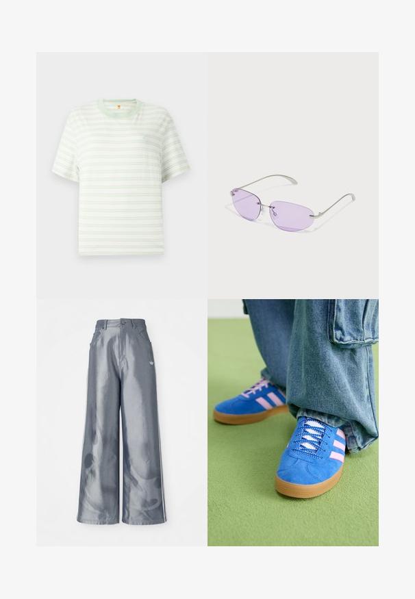 Bijela majica kratkih rukava s okruglim izrezom s svijetlozelenim horizontalnim prugama, s malim logom u gornjem lijevom kutu. Mekana tkanina.; Hlače širokih nogavica od sjajnog sivog materijala, s bijelim bočnim prugama i uzorkom plamena na donjem dijelu nogavica. Zatvaranje na gumb i patentni zatvarač u struku.; Plave zamšne cipele s ružičastim prugama i bijelim vezicama, s gumenim potplatom, u kombinaciji s širokim trapericama na zelenoj podlozi.; Sunčane naočale s ovalnim ljubičastim lećama, metalnim okvirom i tankim drškama. Čiste nosne jastučiće i suptilno brendiranje na dršci.