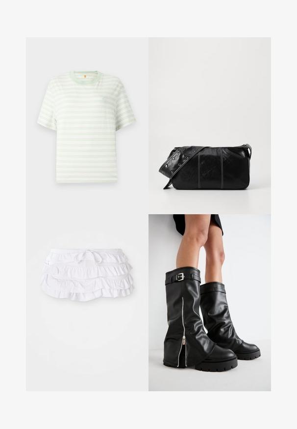 Lühikeste varrukatega ümar kaelusega valge T-särk, millel on heledad rohelised horisontaalsed triibud ja väikene logo vasakus ülanurgas. Pehme kangas.; Valge volangidega ujumise seelik mitme kihiga, millel on reguleeritav paeltega vöökoht. Pehme kangas sujuva tekstuuriga.; Mustad mustad naha põlve kõrgused saapad, millel on lai vars, külgvipu ja pandla aktsent, tekstureeritud viimistlus ja krobeline kummitald.; Must mustra nahkainine õlakott, millel on tõmblukk, tekstureeritud pind, valged õmblused ja rihm hõbedaste rõngastega.