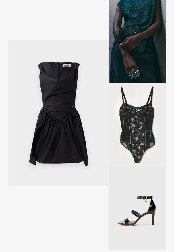 Free People SARA - Topp - black combo; Musthave mustata kleit struktureeritud korsetti, kokku kogutud seeliku ja V-kujulise õmbluse detailiga. Omab seljaosas lukku ja peent logo aksenti.; Must musta nahk sandaal kolme rihmaga, pahkluu vööga ja 4-tollise stilettakontsaga. Omab kuldset detaili ja logovõtit.; Must musta tihe-must reptiili nahast pidulik kott hõbedaste detailidega, mille taustal on tekstuuriline hall taust. Omab läikivat pinda.