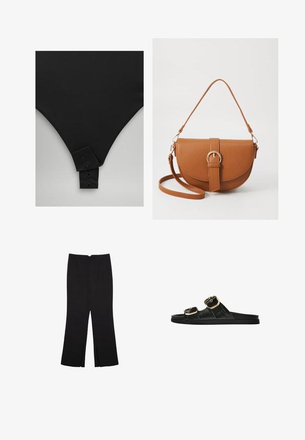Svart bodysuit med en slät yta, som har en V-formad halsringning och tryckknappslås i botten. Enkelt, minimalistiskt design.; Svarta byxor med rak passform, utrustade med framfickor och sidoklyvningar vid fållen. Tillverkade av mjukt, slätt tyg. Lämpliga för olika tillfällen.; Svart glidsandal med två guldfärgad spännen, slät textur av material, platt sula och en minimalistisk design.; Brun läder crossbody-väska med en böjd form, gyllene detaljer och en spänneaccent. Har en avtagbar axelrem.