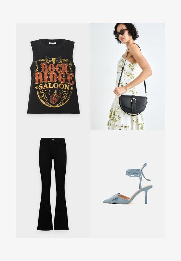 Black sleeveless cotton t-shirt featuring a graphic print with "ROCK RIDGE SALOON" in red and gold with decorative accents and a skull motif.; Black high-waist jeans with a button and zip closure, front pockets, and flared legs laid flat on a white background.; Pointed-toe high heel shoe in light blue fabric with a textured finish, featuring a bow accent and ankle strap for secure fit.; Black leather handbag with a curved shape, detachable strap, and gold hardware. The bag features a flap with a buckle detail.
