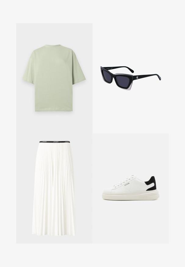 Ljusgrön t-shirt med korta ärmar, avslappnad passform, rund halsringning och minimala söm-detaljer. Tillverkad av mjukt bomullsmaterial.; Fälld vit kjol med svart elastiskt midjeband som har "LACOSTE"-logotypen. Mittenlång design med mjuk textur.; Vita lädersneakers med en tjock vit sula, svartsuede hälaccent och präglad logotyp på sidan. Snörningsdesign med sex öglor.; Svart överdimensionerade solglasögon med geometrisk form, med mörka linser och en kontrasterande grå detalj på ramen. Logotyp på bygeln.