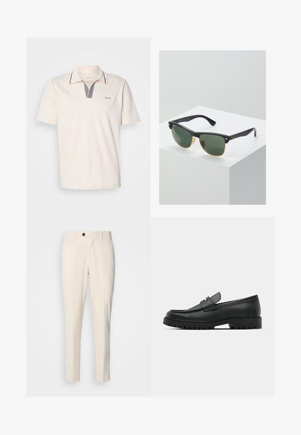 Krémová polo tričko s V-krkom, ktorý má námornícke a biele pruhy, krátke rukávy a malú nášivku na ľavej hrudi.; Bežové nohavice na mieru s plochým predným dielom, jednobunkovým zapínaním a dvoma šikmými bočnými vreckami. Hladká tkanina so slim fit strihom a zužujúcou sa nohou.; Čierne kožené mokasíny s okrúhlou špičkou, s prešitým dizajnom, nízkou platformou a textúrovanou, zúbkovanou gumovou podrážkou.; Slnečné okuliare Ray-Ban so zelenými sklami, čiernymi plastovými rámami a zlatými akcentami na okrajoch. Štvorcový tvar s matným povrchom.
