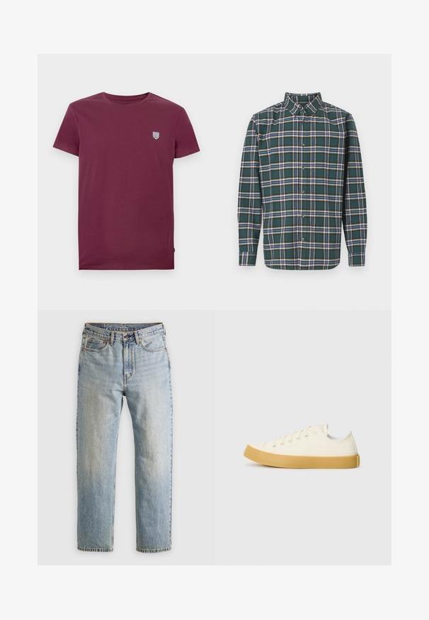 Burgundowa bawełniana koszulka z okrągłym dekoltem i krótkimi rękawami. Posiada małe logo w kształcie tarczy na górnej lewej części klatki piersiowej. Gładka faktura.; Zielona flanelowa koszula w kratę z niebieskimi, białymi i musztardowymi liniami. Zapięcie na guziki z przodu i spiczasty kołnierzyk. Długie rękawy.; Jasnoniebieskie dżinsy z wysokim stanem, z guzikiem z przodu, zamkiem błyskawicznym i pięcioma kieszeniami, ułożone na płasko na neutralnym tle.; Płócienne sneakersy w odcieniu ecru z okrągłym noskiem, charakteryzujące się beżowymi gumowymi podeszwami i pięcioma otworami na sznurówki, z teksturowanym wykończeniem cholewy.