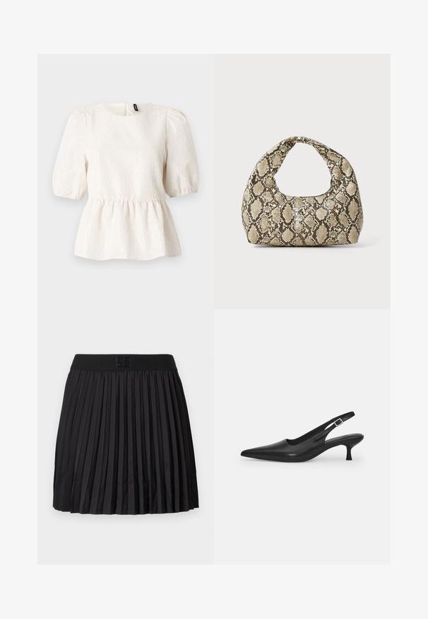 Vit peplum-top med texturerad tyg, korta puffärmar, rundad halsringning och en nyckelhålsöppning bak. Subtil vågig mönstring över hela.; Svart plisserad kjol med en slät yta, med en enfärgad svart midja och en präglad logodetalj framtill.; Svart läder slingback-sandalett med spetstopp och en smal, böjd klack. Har ett diskret justerbart rem med en metallspänne.; Väskan i ormtryck har ett böjt handtag. Den är tillverkad av strukturerade, beige och bruna material och har ett distinkt diamantsmönster.