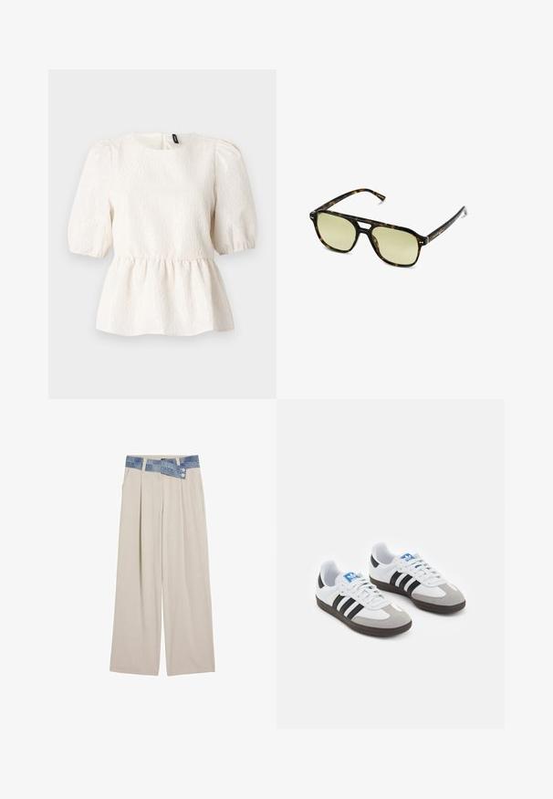 Top peplum blanco con tejido texturizado, mangas cortas abullonadas, cuello redondo y cierre en forma de ojal en la parte posterior. Patrón ondulado sutil en toda la prenda.; Pantalones de pierna ancha en un beige claro con una cintura de mezclilla que cuenta con dos botones y detalles de pliegues en el frente. Textura suave y ajuste relajado.; Zapatillas deportivas con parte superior de piel blanca, puntera de ante gris y tres rayas negras. Presentan un logo azul en la lengüeta y una suela de goma texturizada.; Gafas de sol carey con forma rectangular, lentes con tinte verde y montura de acetato con patrones. Presentan acentos metálicos cerca de las lentes.