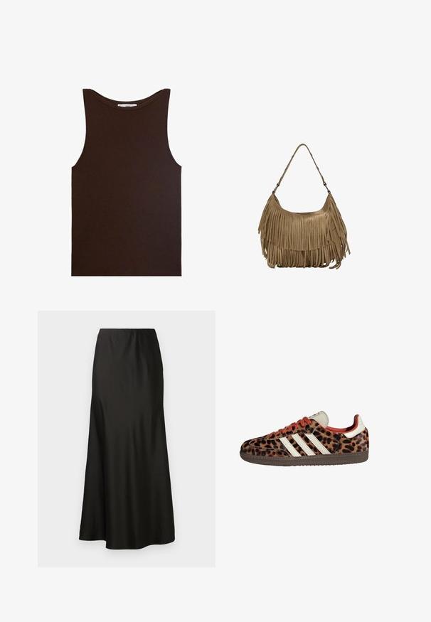 Hnědý bezrukávový top vyrobený z žebrované tkaniny. Disponuje kulatým výstřihem a rovým lemem, bez viditelných log nebo vzorů.; Černá saténová maxi sukně s hladkým povrchem, vysokým pasem a rozšířeným spodním okrajem. Vyznačuje se jednoduchým designem bez viditelných vzorů nebo kovových prvků.; Tenisky se vzorem leopardí kůže, z suédového materiálu, s červenými tkaničkami a třemi bílými pruhy na boku. Má krémovou jazyk a hnědou podrážku.; Hnědá semišová kabelka s dlouhými třásněmi, zakřiveným tvarem a jedním ramenním popruhem. Vyznačuje se hladkým, texturovaným povrchem.