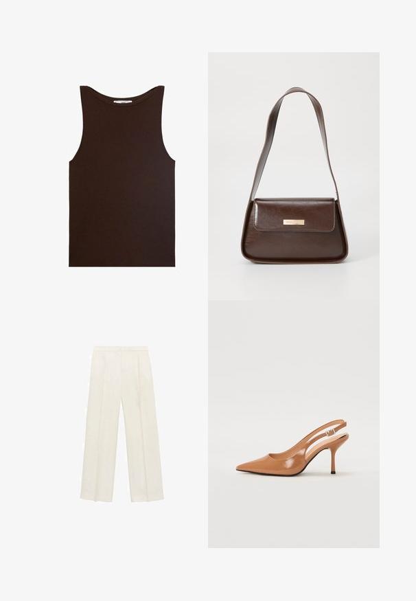 Brown sleeveless tank top made of ribbed fabric. Features a rounded neckline and straight hem, with no visible logos or patterns.; Wide-legged trousers in a light cream color. Made from a smooth fabric with pleats at the front and side pockets.; Pointed toe slingback heel in a smooth, glossy tan material. Features a curved cutout design and a slender stiletto heel. Silver buckle detail.; Brown leather shoulder bag with a structured shape, featuring a magnetic flap closure and a metallic logo accent on the front.