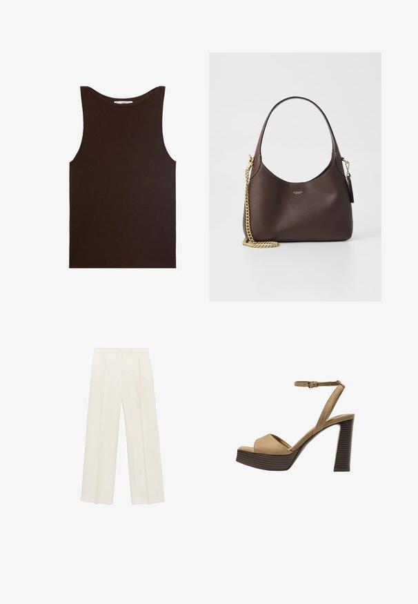 Brown sleeveless tank top made of ribbed fabric. Features a rounded neckline and straight hem, with no visible logos or patterns.; Wide-legged trousers in a light cream color. Made from a smooth fabric with pleats at the front and side pockets.; Beige suede high-heeled sandals with a wide front strap and ankle strap, featuring a chunky wooden block heel with a textured finish.; COACH BROOKLYN SHOULDER BAG 23 - Handbag - maple
