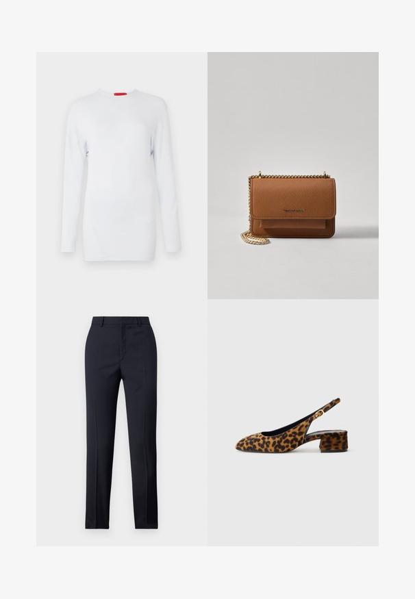 Ilgų rankovių baltas marškinėlis, pagamintas iš minkštos medžiagos, su apvaliu iškirpimu ir įstrižais siūlės akcentais, suteikiančiais tekstūruotą išvaizdą. Raudona prekės ženklo etiketė.; Jūriniai pritaikyti kelnes su tiesiu kirpimu, turinčios lygų paviršių, dvi priekinės kišenės ir švarus liemuo.; Moters leopardų rašto bateliai su žemu bloku įkulniu ir auksine sagtimi šone, parodyti šoniniame profilyje ant vientisos fono.; Ruda tekstūruota odinė per petį nešama rankinė su auksiniu grandininiu dirželiu ir užlenkiamo užsegimo. Priekinėje pusėje yra logotipo detalė ir kišenė po užlenkimu.